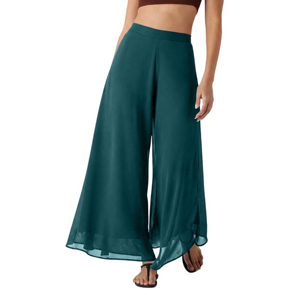 Gaukiv Womens Chiffon Wide Leg Pants Flowy Sheer Overlay Casual Trousers Dark Green XL
