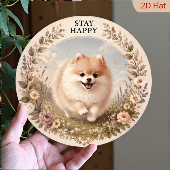 Dog Metal Aluminum Wall Plaque - 8x8 Inch Round Weatherproof Sign with Floral Stay HappyDesign, High-Resolution 2D Printing for IndoorOutdoor Decor - Perfect Gift for Pet Lovers, Home