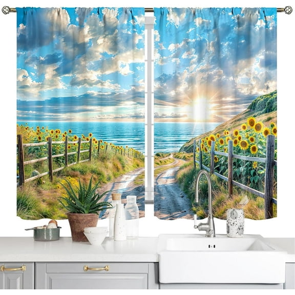 Beach Sea Ocean Kitchen Curtains Summer Ocean Short Tier Curtain for Kitchen Country Short Cafe Tier Curtains Decor for Living Dining Bathroom Room Seascape Hawaiian Theme 2 Panels Set 28"x 39"