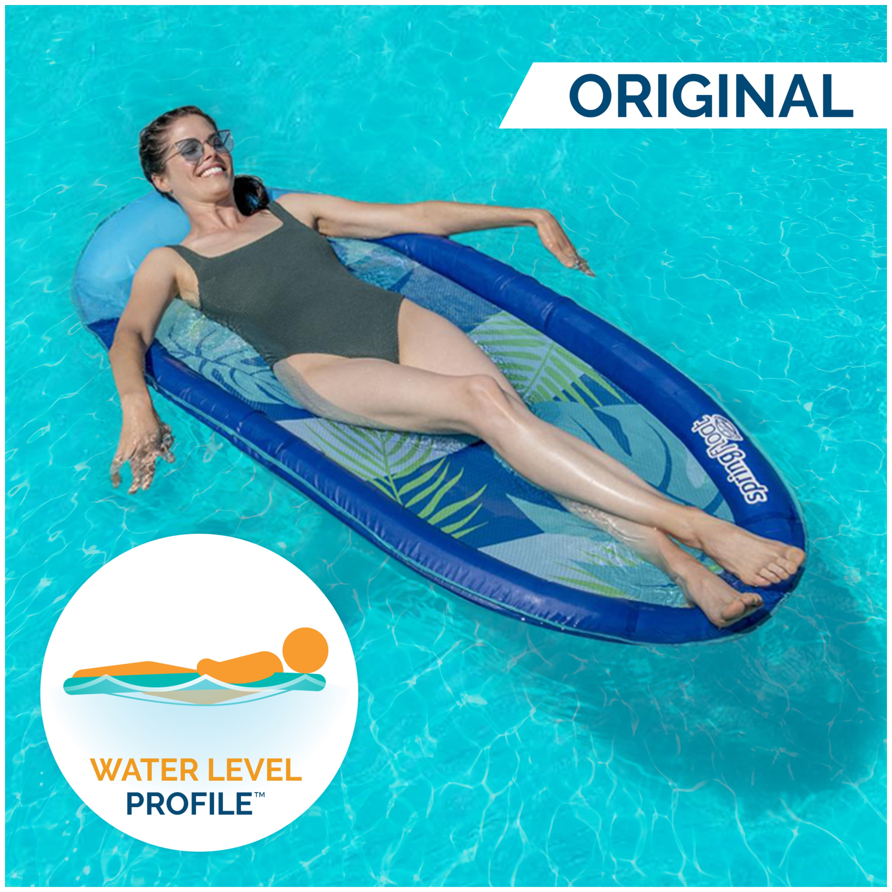 SwimWays Spring Float Inflatable Pool Lounger with HyperFlate Valve, Blue