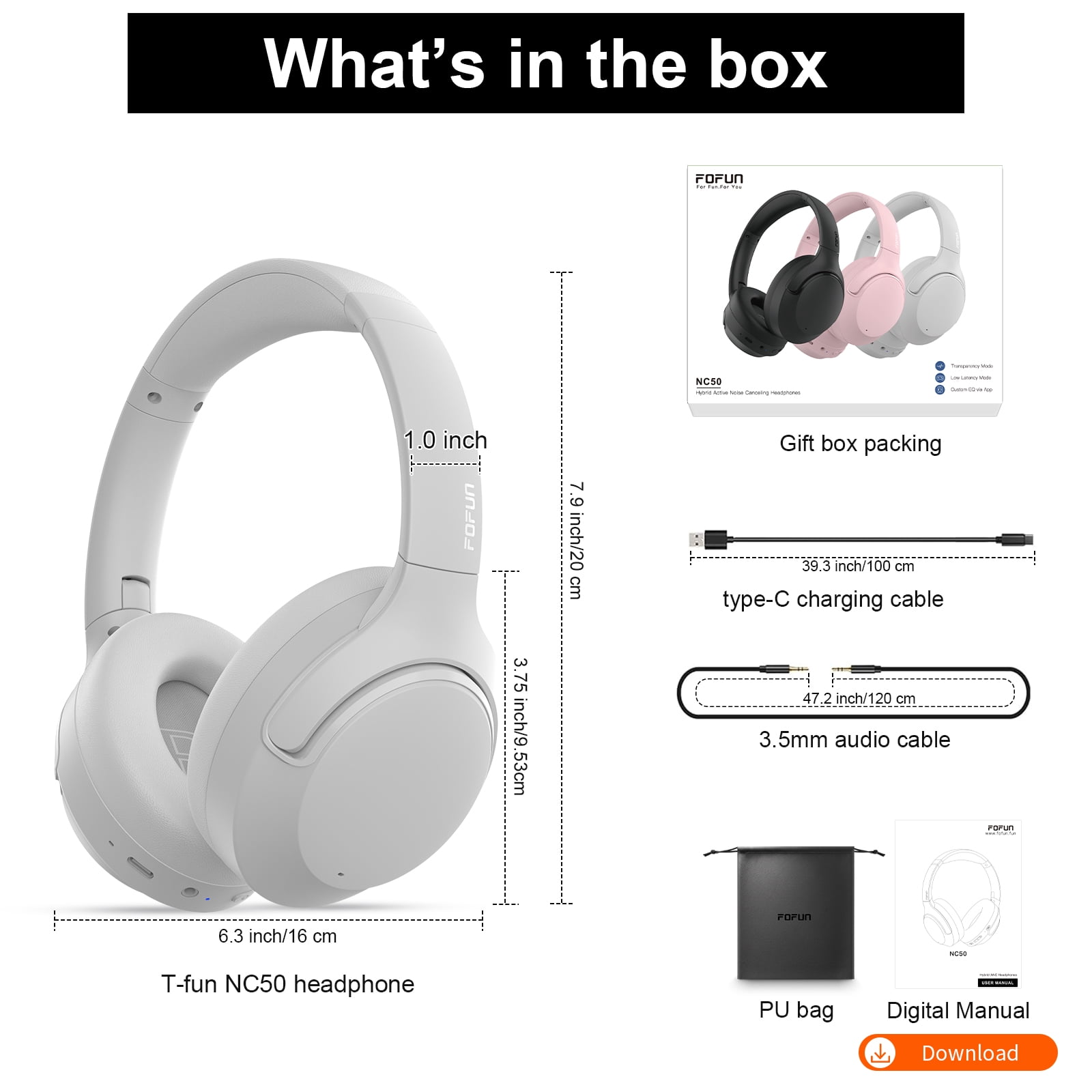 FOFUN NC50 Hybrid Active Noise Cancelling Headphones Wireless Bluetooth 6.0, Foldable Over Ear Headphones, Custom EQ via App, 65 Hours Playtime, Low Latency Game Mode, Multipoint Connection