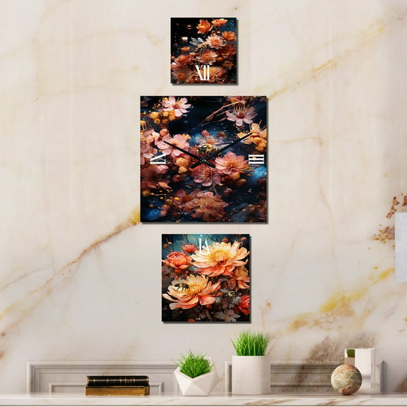 Designart "Vibrant Bee III" Floral Oversized Wall Clock - Set Of 3 - Multipanel Clock For Living Room Décor - Large Modern Wall Clock