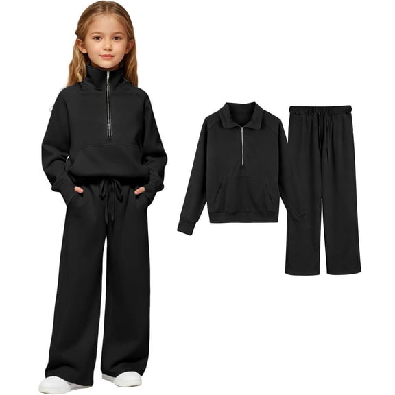 Teen Sweatsuit Set for Girls Black Sweatsuit Quarter Zip Thumbhole Pullover Sweatshirts Sweatpants Set Girls Activewear Sets 13-14 Years