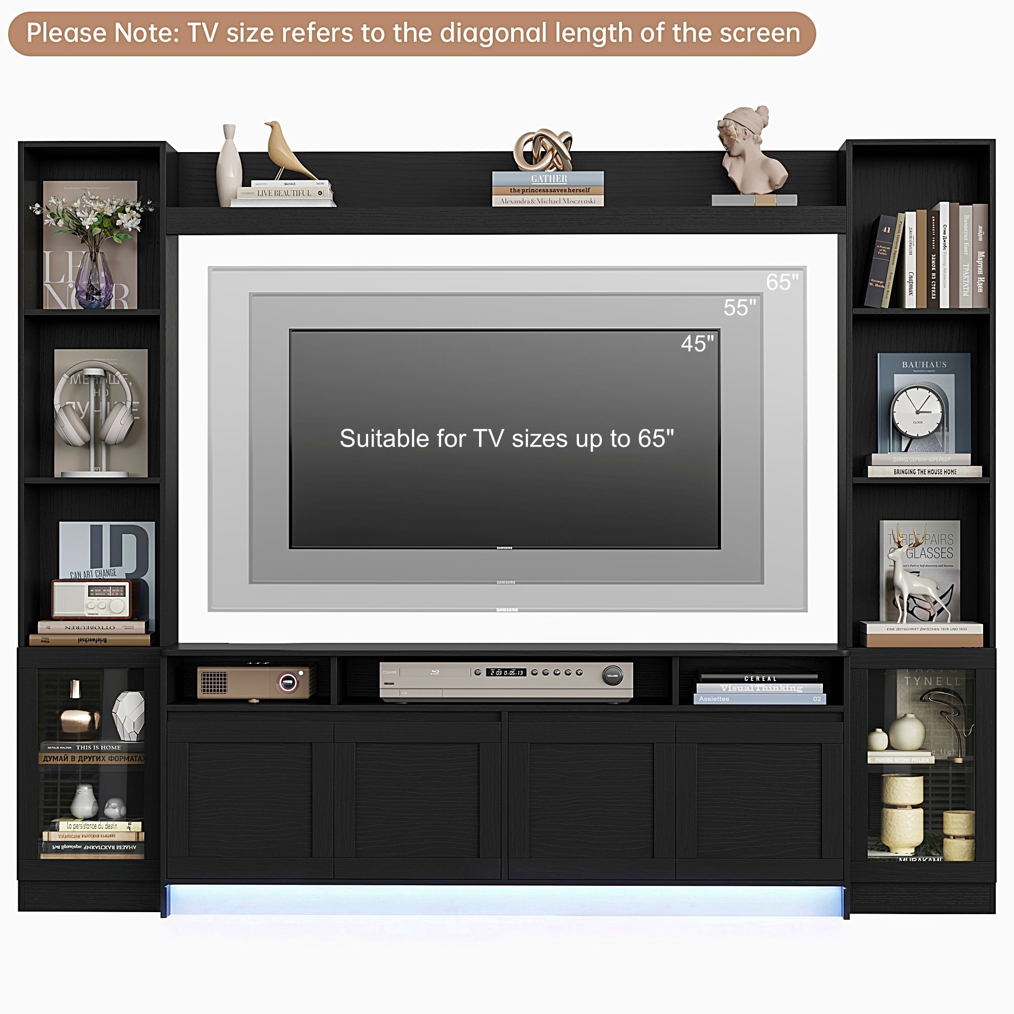 Hiphuta 79" W Wall Unit Entertainment Center with Bookcase for TVs up to 65", Farmhouse TV Stand with LED Lights for Living Room, Black