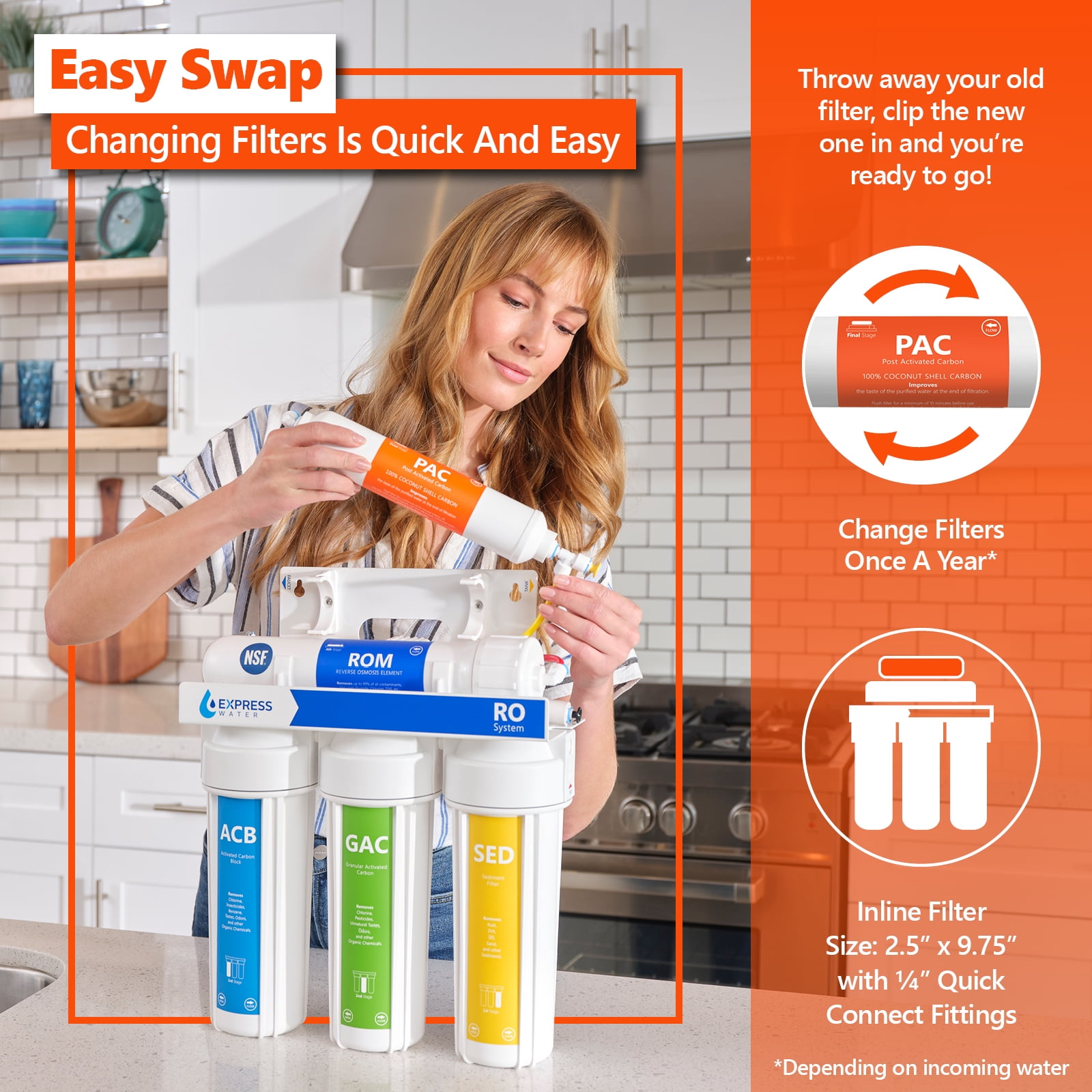 Express Water – 4 Pack Post Activated Carbon PAC Water Filter Replacement – 5 Micron Inline Filter – 10 inch Quick Connect – Under Sink and Reverse Osmosis System