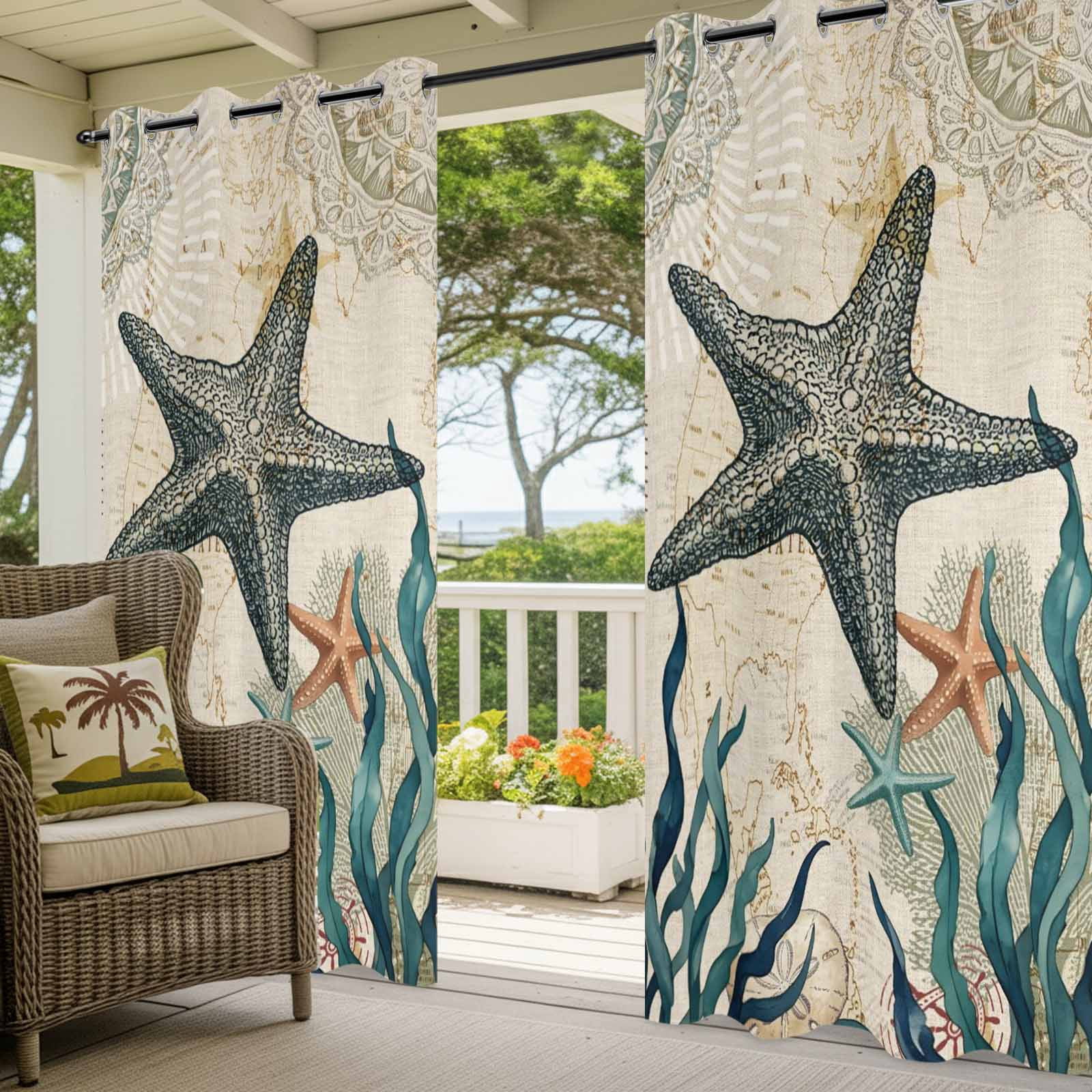 Rustic Ocean Starfish Outdoor Curtains for Patio, Country Nautical Coastal Beach Seaweed Sand Dollar Sunshade Privacy Drapes Grommet Waterproof Outside Curtains for Porch Balcony 54"x108", 1 Panel