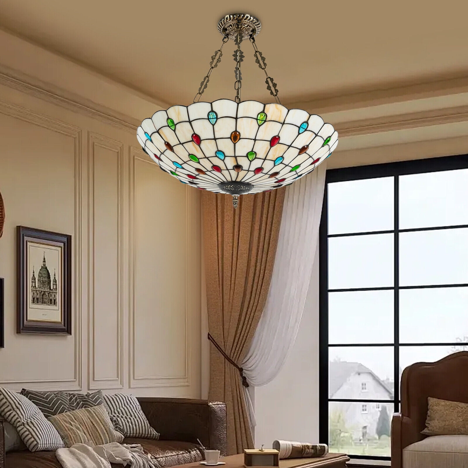 Tiffany Style Vintage Chandelier Stained Glass Flush Mount Ceiling Light Fixture Pendant Lamp Without Bulb