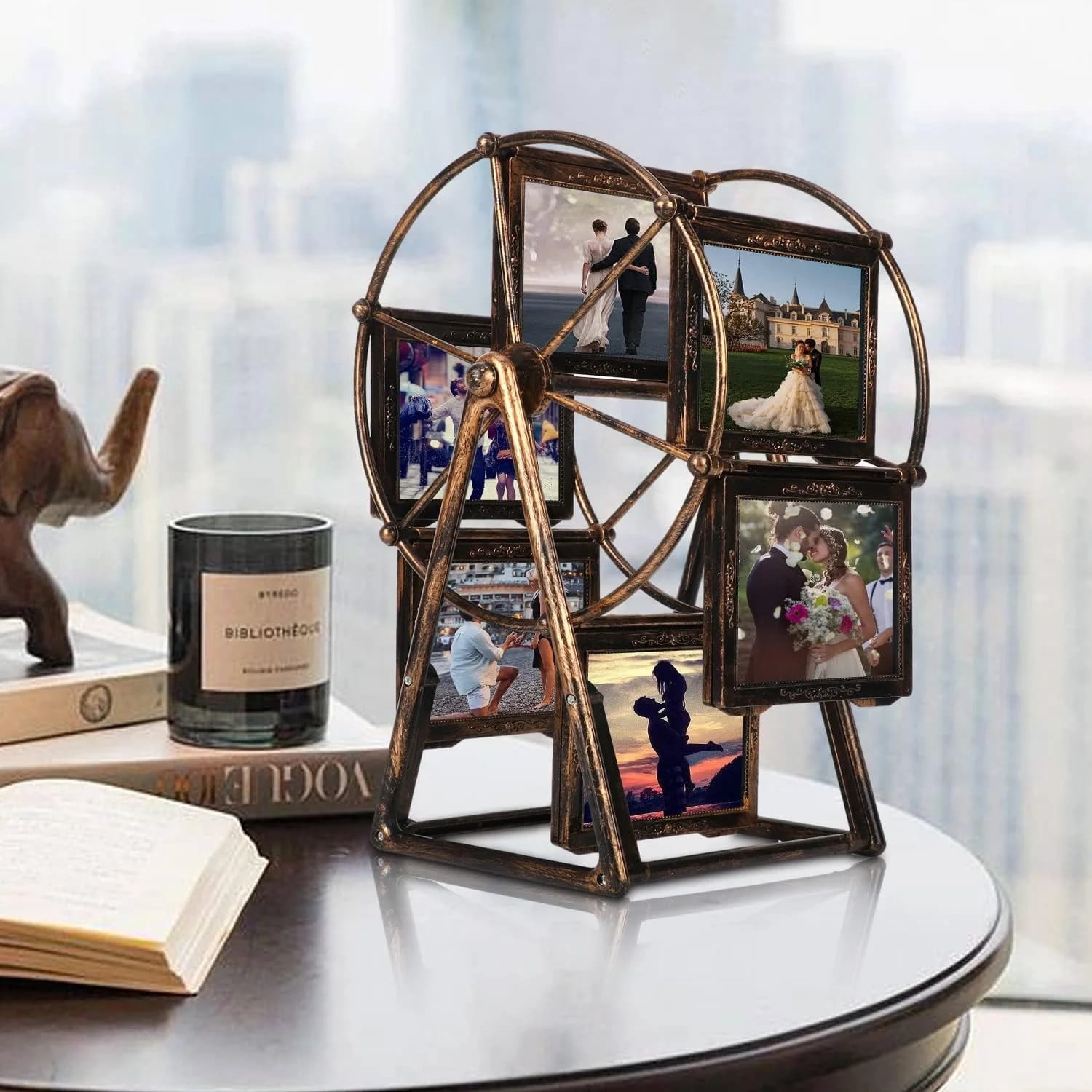12 Photos Rotating Ferris Wheel Picture Frame, Vintage Embossed Designs 5 inches Frame for Home Decor Wedding Birthday Gifts, Antique Bronze