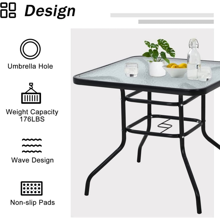 NiamVelo Square Patio Table, 4-Person Tempered Glass Top, Black photo 4