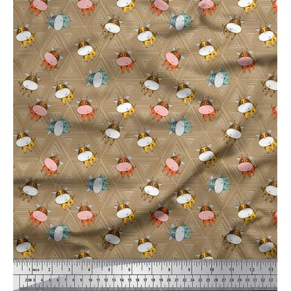 Soimoi Japan Crepe Satin Fabric Triangle & Cow Cartoon Print Fabric by Yard 42 Inch Wide