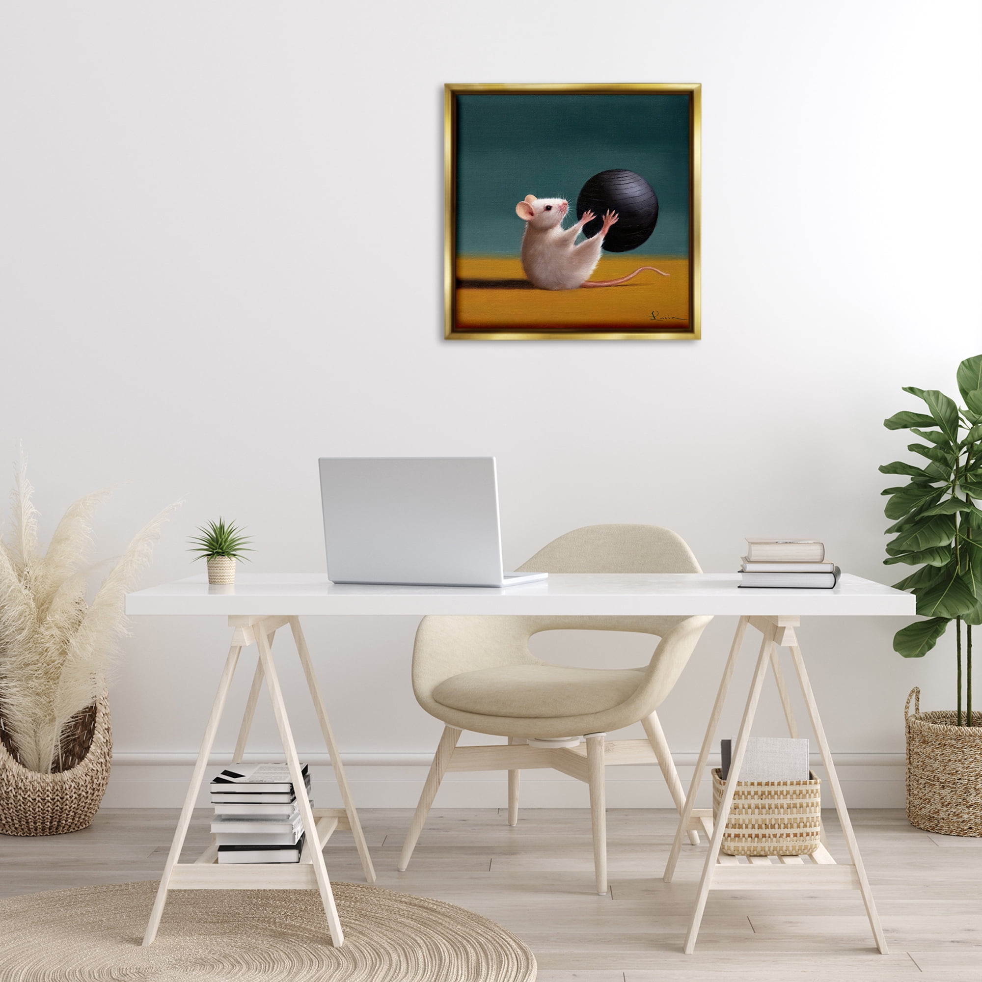 Stupell Industries Mouse with Exercise Ball Animals & Insects Painting Gold Floater Framed Canvas Art Print Wall Art, 25 x 25