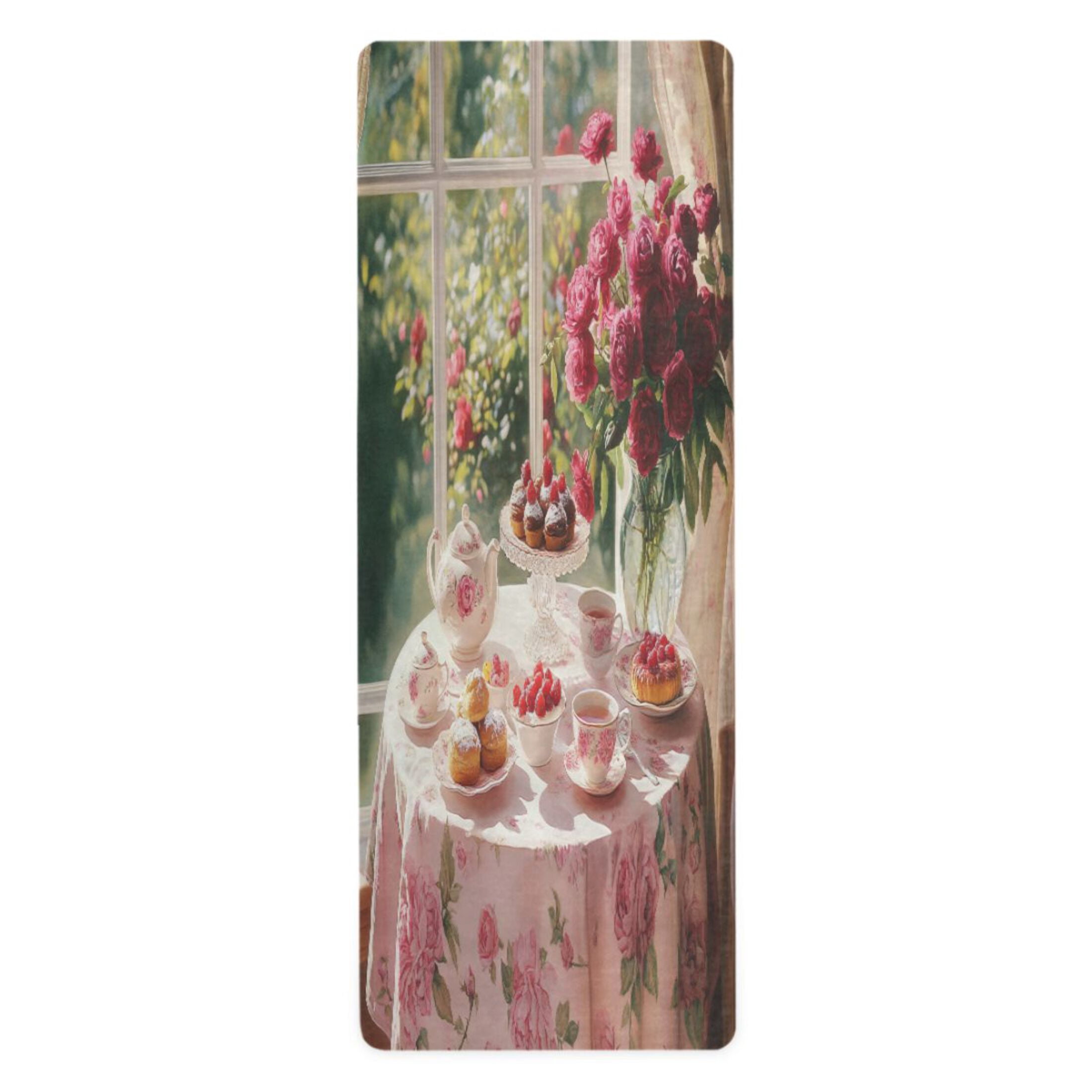 BZSMCE Yoga Mat Women Tea Set with Cakes Roses Fitness Mat