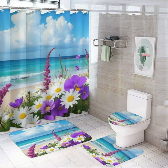 Beach Flowers Shower Curtain Set Modern Bathroom Decor Mats 4pcs Fabric Bathroom Curtain Slip Floor Rug Toilet Lid