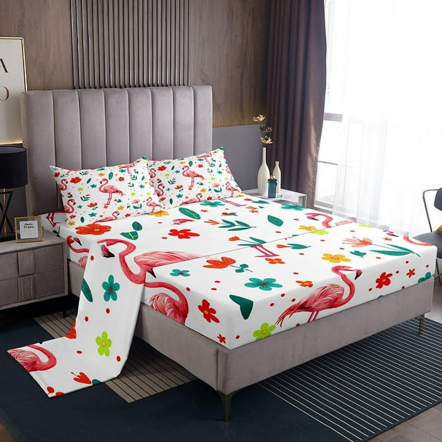 YST Flamingo Sheets Pink Animal King Sheet Set For Girls Kids Cute Flower Animal Sheet Set, Wild Animal Bedding Set Botanical Flower Pattern 3D Top Fitted Sheet With 2 Pillow Cases