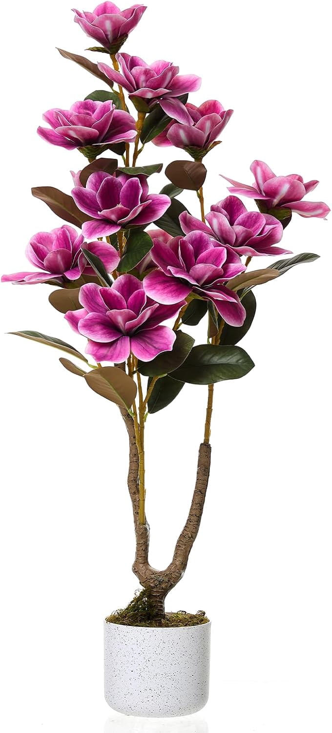 Artificial Yulan Tree Orchid Flowers Plant, 37.4inch Faux Magnolia Tree with Lifelike Floral Leaves Dried Moss Fake Potted Flowers Trees for Indoor Home Wedding Table Decor Pink