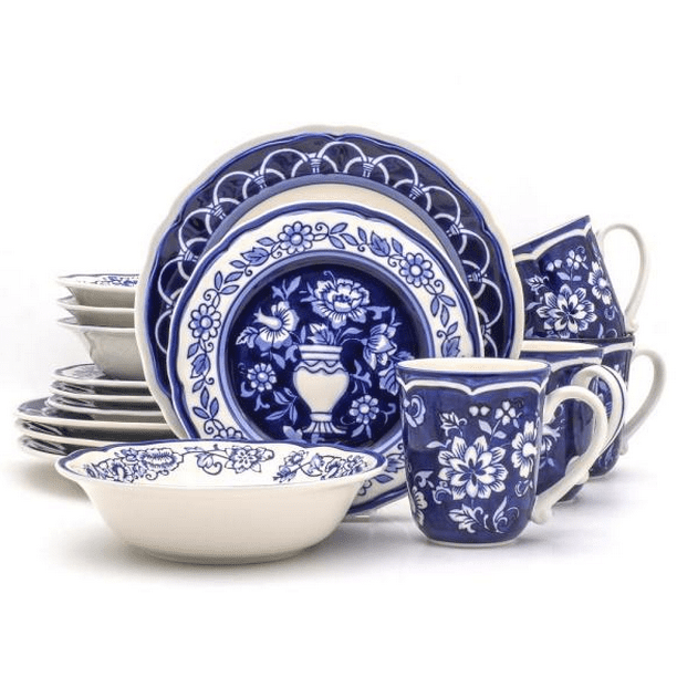 Euro Ceramica Blue Garden 16Piece HandPainted Dinnerware Set New