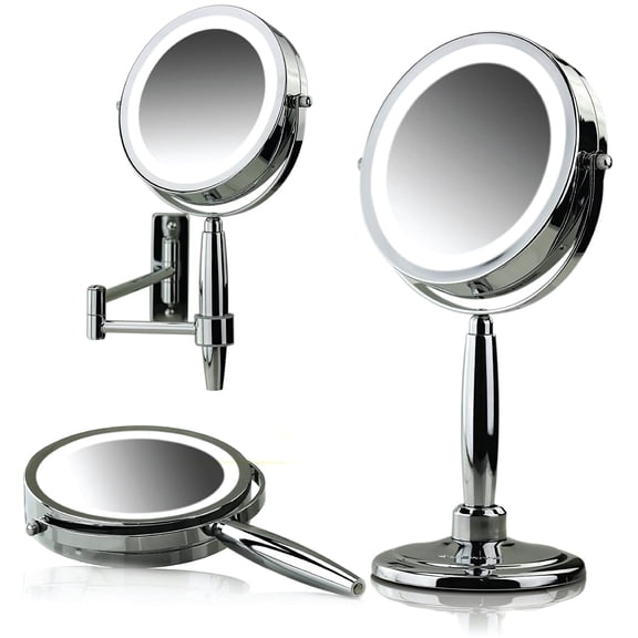 OVENTE 8.5'' Hand Mirror with 5X Magnifier - Double Sided LED Lights and Wall Mount, Polished Chrome Finish MFM85CH1X5X