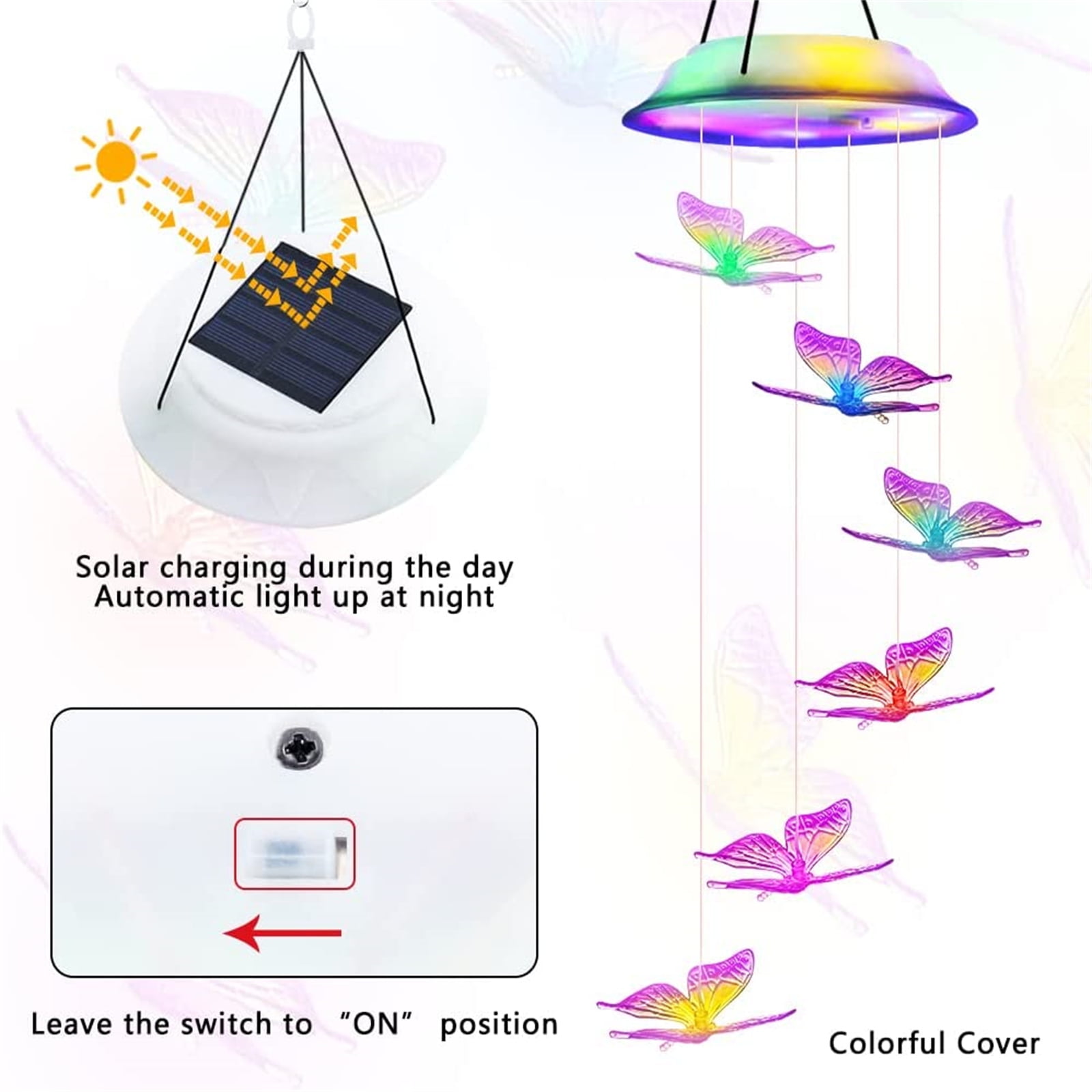 Qoosea Wind Chimes for Outside Butterflies Solar Wind Chime Yard Decorations Outdoords Powered LED Waterproof Color Changing Hanging Lamp Butterfly Windchimes Moon Gifts for Women