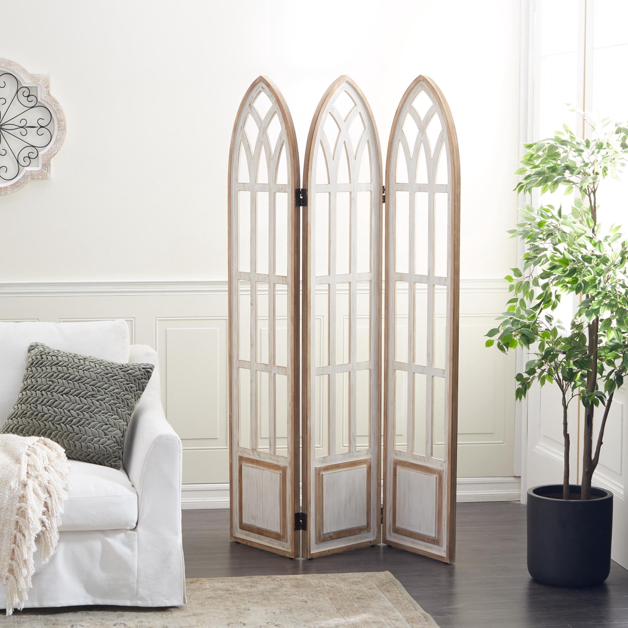 DecMode 48" x 72" White Wood Hinged Foldable Arched Partition 3 Panel Room Divider Screen with Window Pane Details, 1-Piece