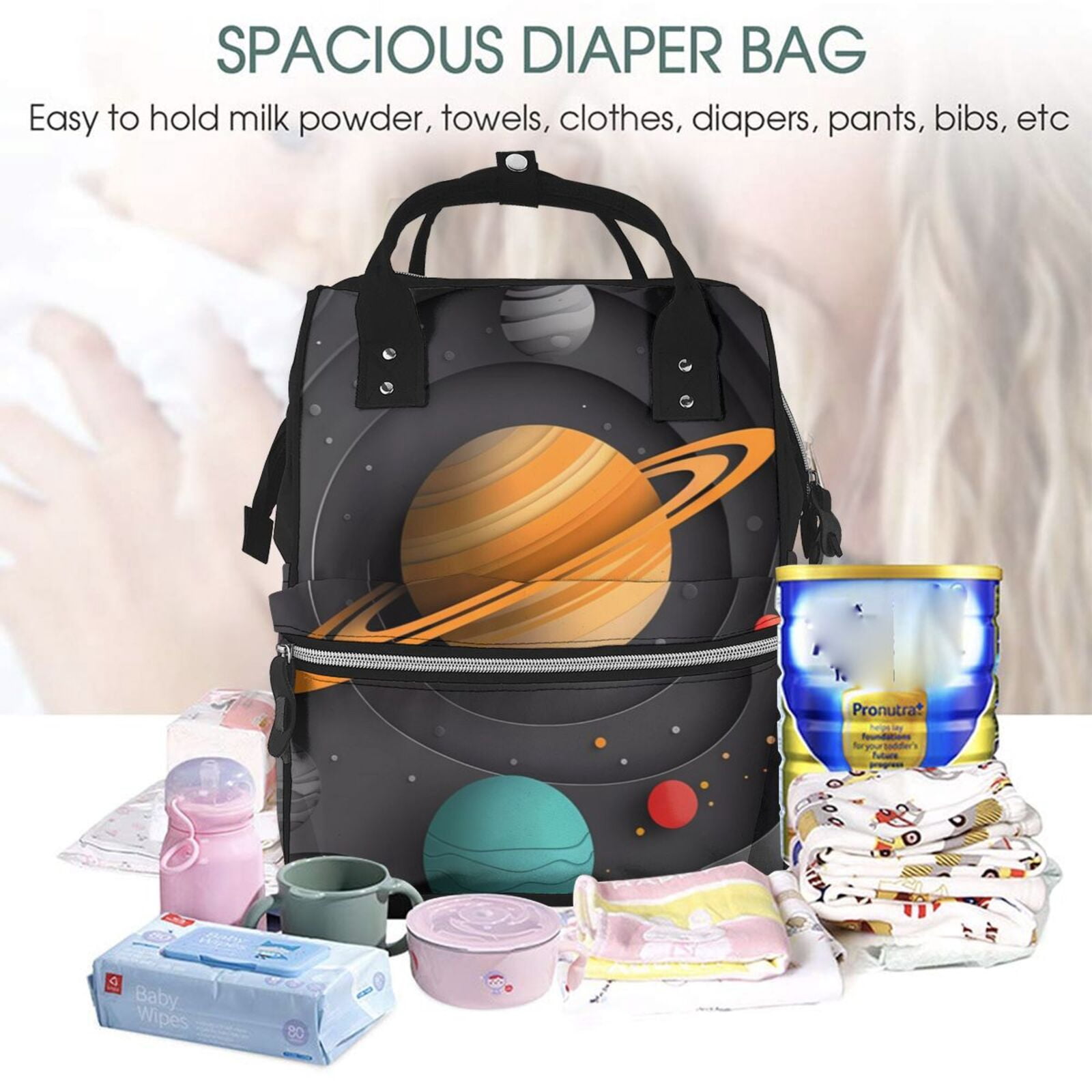 Ratiio Solar System Paper Art Mummy Backpack - Waterproof Twill Canvas, Large Capacity Diaper Bag with Multiple Pockets and Adjustable Straps