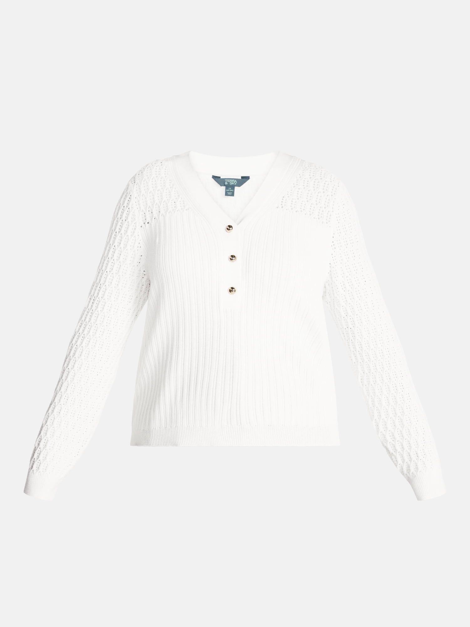 Terra & Sky Women’s Plus Ribbed Henley Sweater with Long Sleeves, Midweight, Sizes 0X-5X