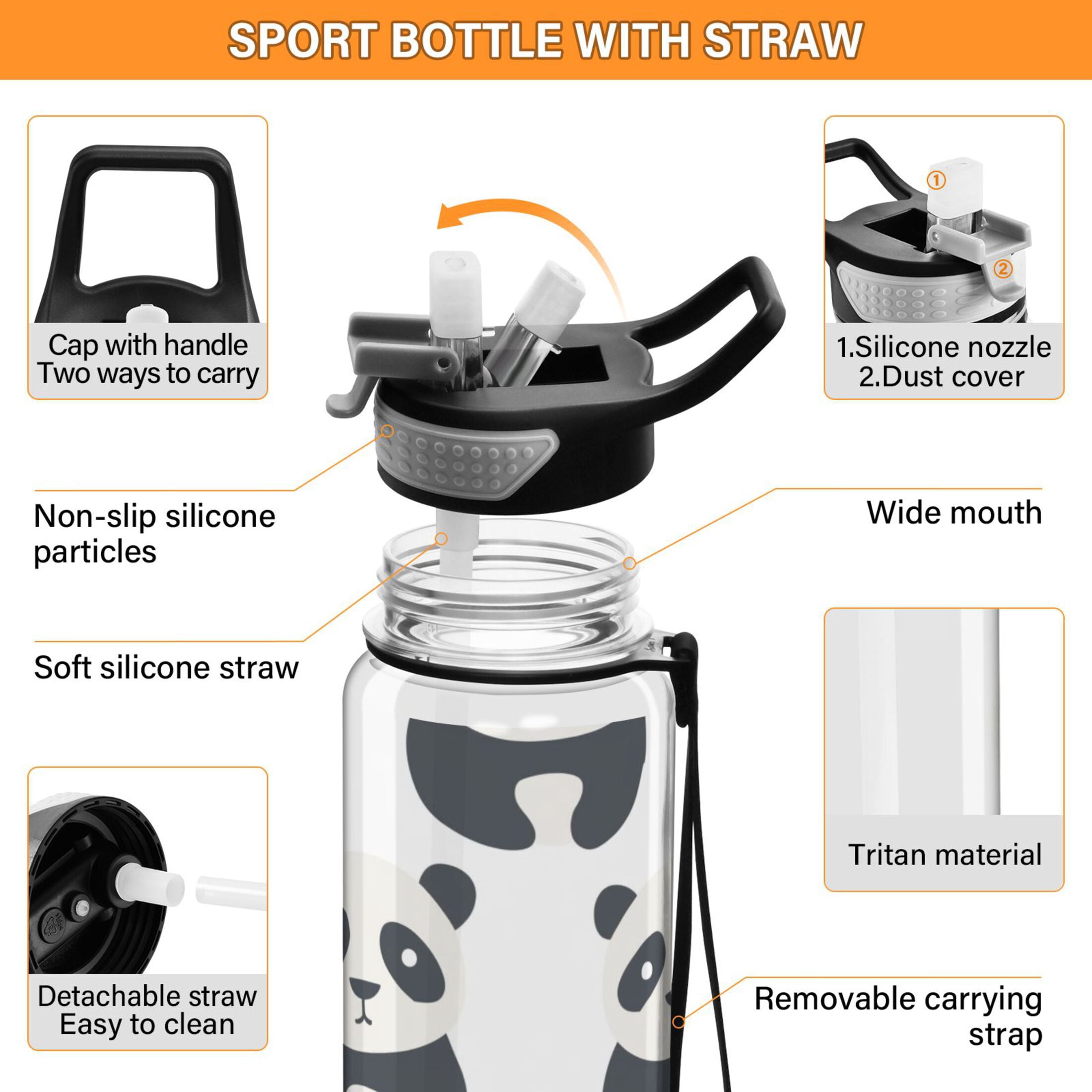 32 Oz Sports Water Bottle with Straws Pandas Silhouette Tritan Clear Bottles BPA Free Leakproof Cup for Outdoor School Gym Fitness
