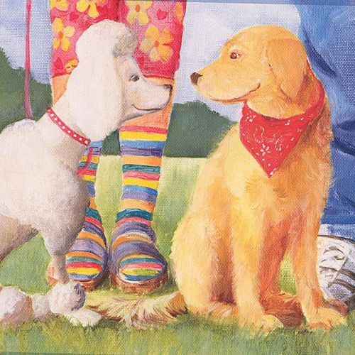 Concord Wallcoverings Vintage Wallpaper Border Featuring Friendly Dogs in Front of Owners in a Park, White Poodle and Orange Lab Background Colors Green Blue 9 Inches by 15 Feet KL2934BD