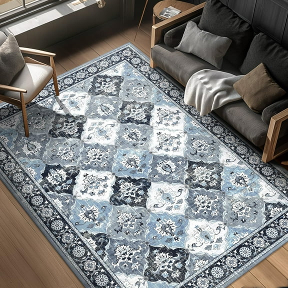 Findosom Vintage Area Rug 5x7 Washable Living Room Rug,Non-Slip Soft Floor Carpet Rug Stain Resistant Distressed Indoor Rug for Living Room Kitchen, Entryway, Dining Room Blue