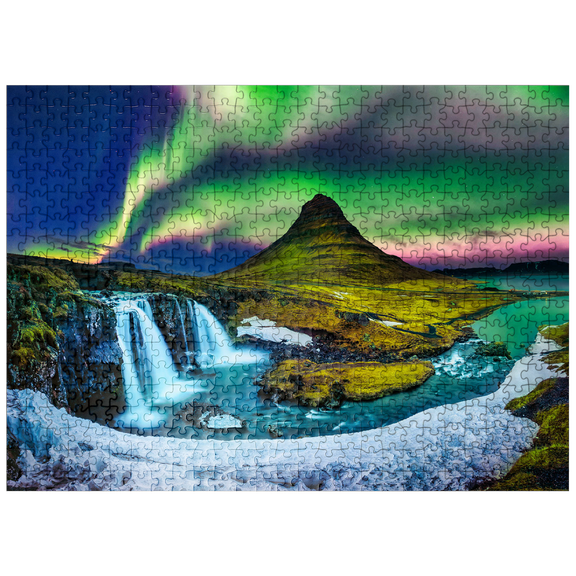 MyPuzzle - Northern Lights Aurora Borealis At Kirkjufell In Iceland - Premium 500 Piece Jigsaw Puzzle for Adults