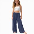 thumbnail image 1 of WUANDIXFA Wide Leg Pants for Girls 5-15 Years Girls Linen Pants Drawstring Wide Leg Pants Summer Flowy Palazzo Beach Trousers with Pockets,Blue,12-13 Years, 1 of 5