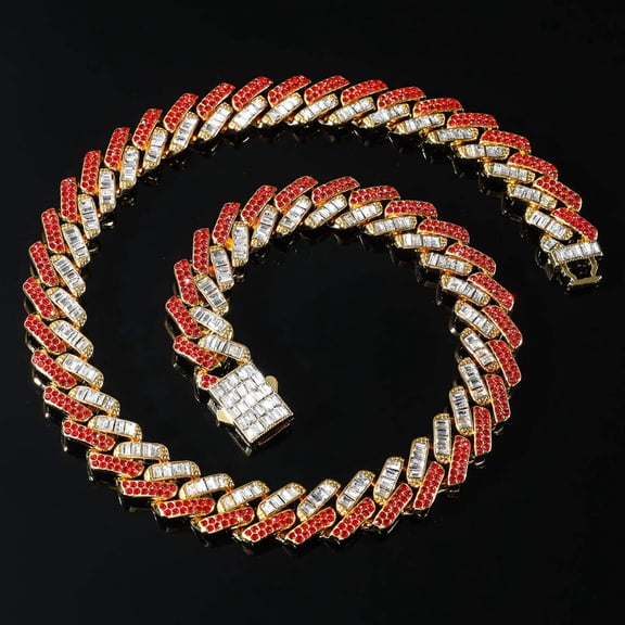 Hip Hop Iced Out Red, Mixed Piece Jewelry Sets, Gold Plated, Includes Necklace Bracelet, Model 200