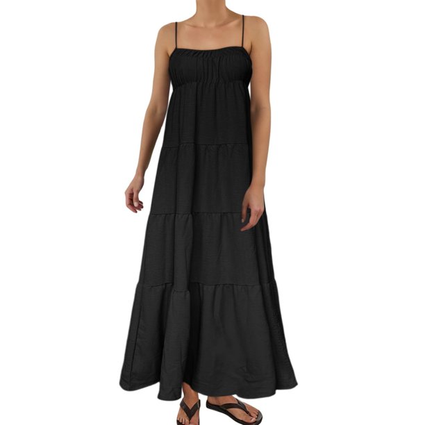 Vestido largo sin mangas de verano con tirantes finos y ribetes en contraste para mujer