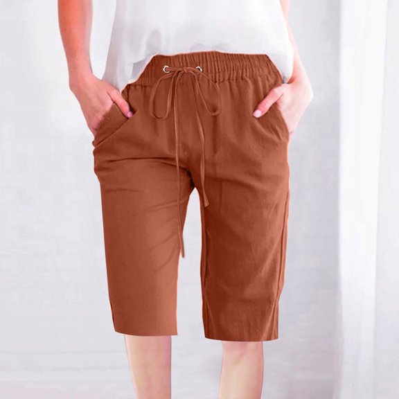 Women's Drawstring Shorts Knee Length Straight Leg Pockets Summer Casual Solid Color Elastic Waist Wide Leg Shorts Comfy Soft Loose Shorts with Pockets