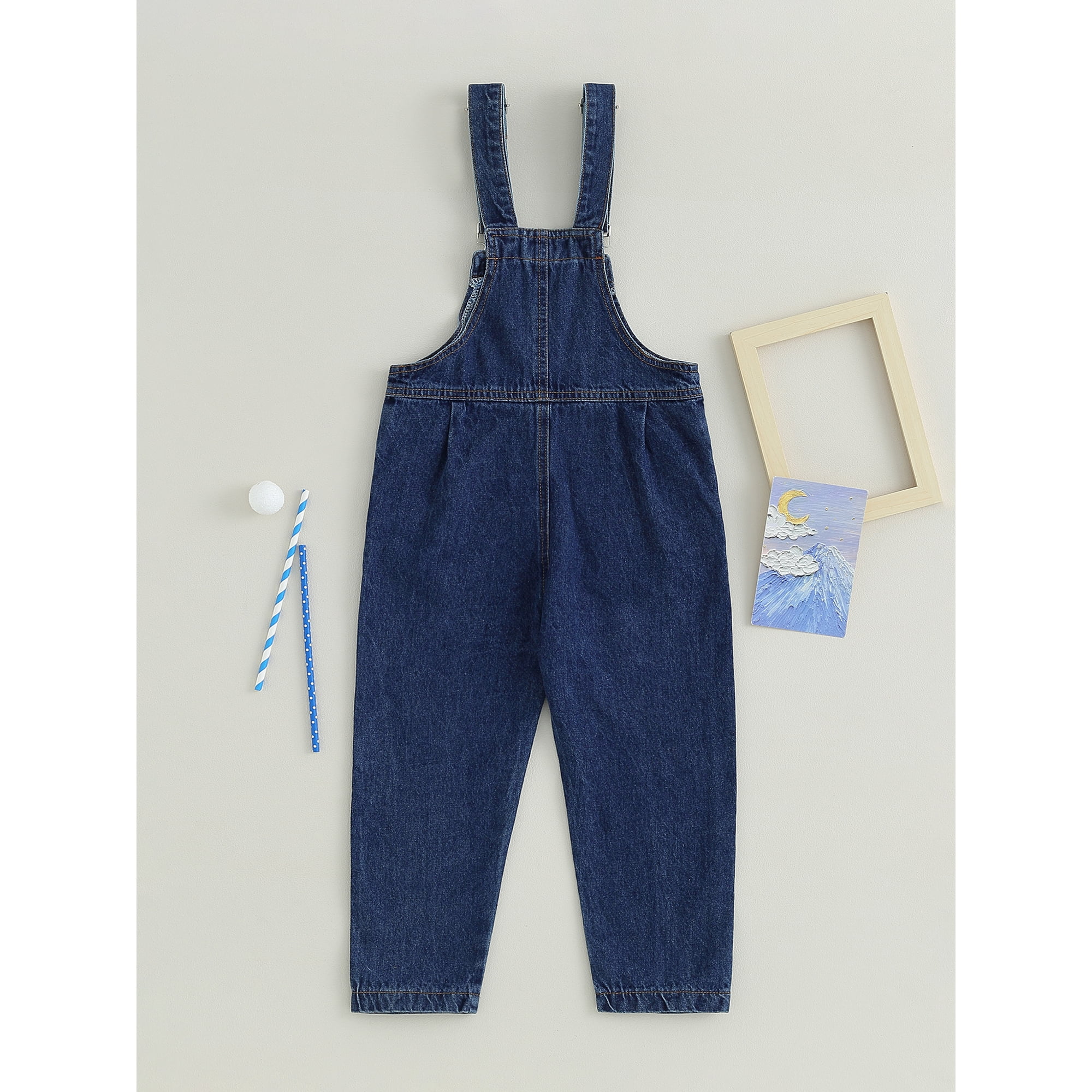 Kmbangi Toddler Girls Denim Overalls Summer Sleeveless Solid Color Jumpsuit Bib Long Jeans with Pockets