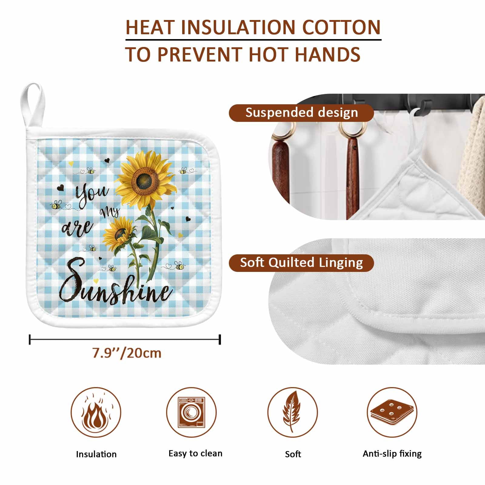 Sunflower Pot Holders for Kitchen Heatproof Potholder, 4 Pack Blue Plaid Farmhouse You Are My Sunshine Hot Pads Multipurpose Oven Pads Cloth Potholders Trivet for Cooking and Baking