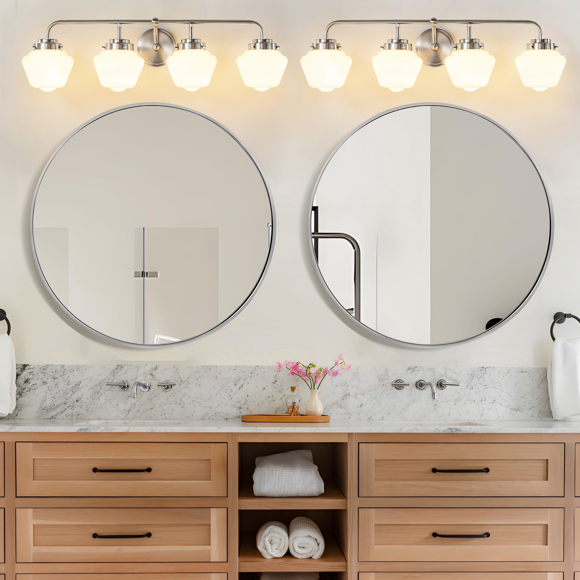 Bathroom Vanity Light Fixtures 4-Lights Brushed Nickel Vanity Lights Over Mirror, E26 40W Modern Bathroom Lighting Fixture with Milky White Glass for Bath Restroom
