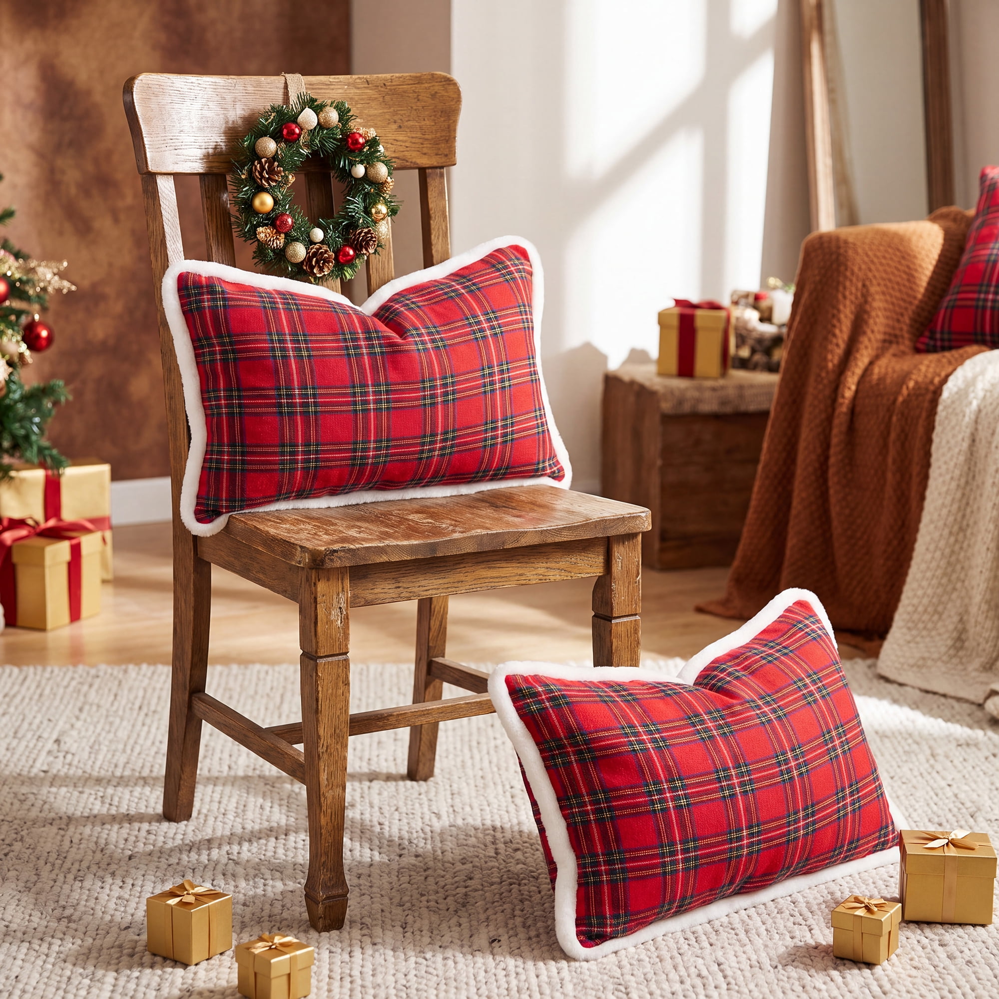 Unique Bargains Plaid Throw Pillow Covers Tartan Cushion Cases Red Plaid Fur Trim 20"x12"