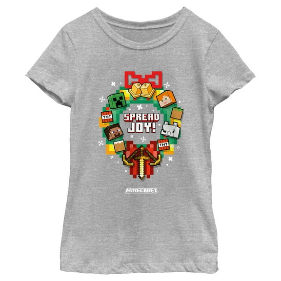 Girl's Minecraft Spread Joy Wreath Graphic Tee Athletic Heather Large