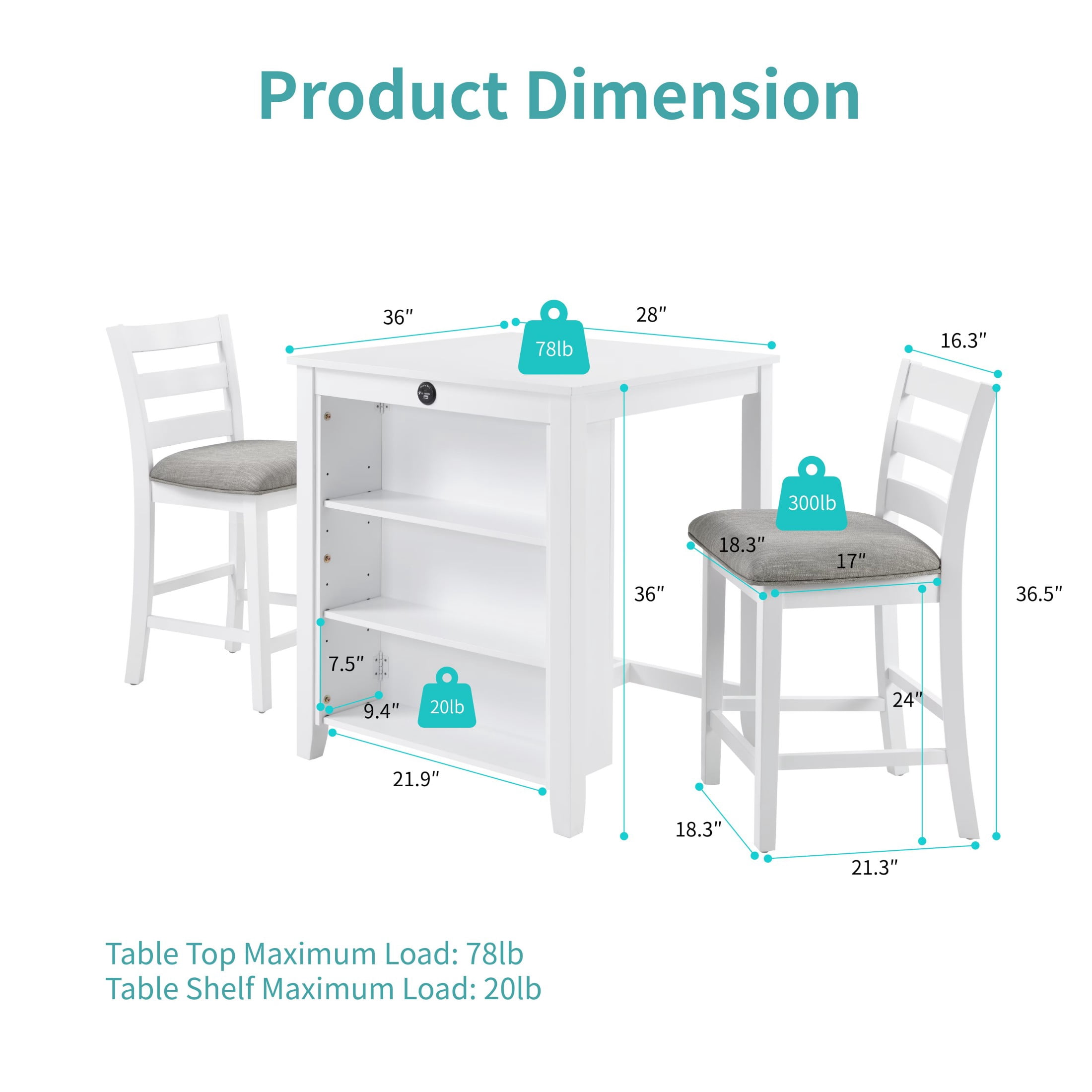 Aukfa 2 - Person Solid Wood Top Dining Table Set with Charging Station & 3-Tier Shelves, 36"L Dining Table with 2 Upholstered Chairs for Compact Kitchen, White