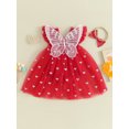 thumbnail image 5 of JYYYBF Infant Baby Girl Valentine's Day Jumpsuit with Bow Headband Fly Sleeve Heart Print Tulle Mesh Dress Romper Set, 5 of 6