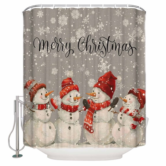 Christmas Shower Curtain, 36" x 72", Snowman Watercolor Snowflakes Hand Painted Retro Gray Waterproof Bathroom Curtain Washable Shower Curtain Set with 12 Hooks