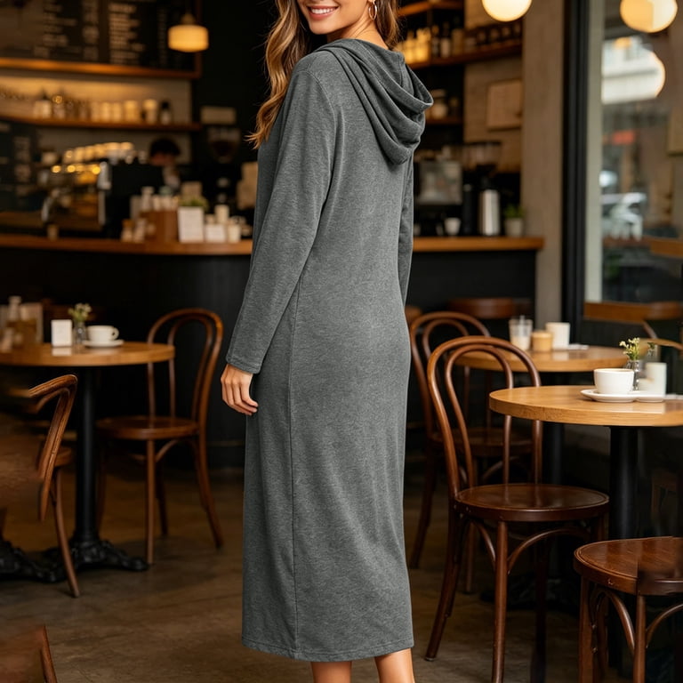lounge dresses for winter Zpanxa Womens Dresses, Hooded Full Zip Long Sleeve Maxi Length Cozy Wear, Women's, Size: Medium, Gray wedding guest looks and mnm LP3654 Elegant Scoop Neck Color:Chalk & Black