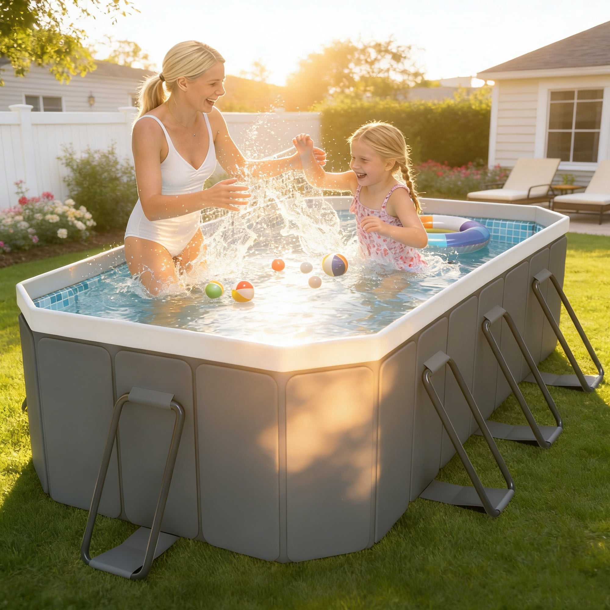 Hyindoor Outdoor Foldable Non-Inflatable Adults and Kids Swimming Pool Titanium Aluminum Support Steel Frame Anti-Slip for Lawn Garden Backyard（116" x 65" x 20"）