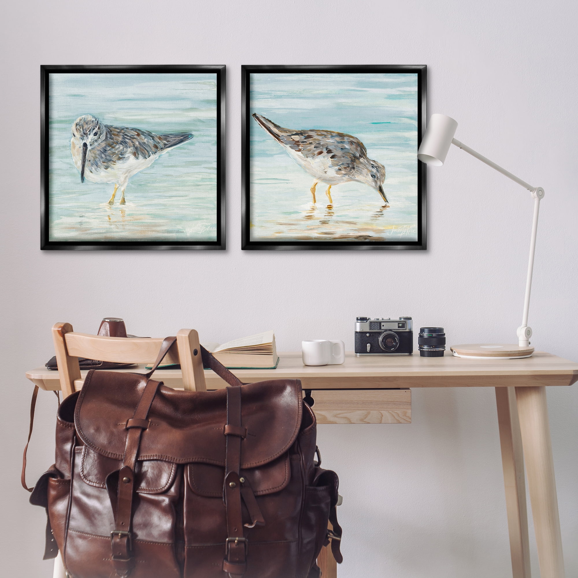 Stupell Industries Piping Plover Shoreline Birds Animals Painting Black Floater Framed Canvas Art Print Wall Art, 25 x 25, Set of 2