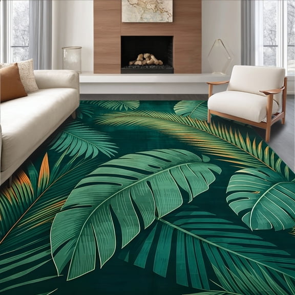 ODIKA 4'x6' Machine Washable Non-Slip Area Rug, Lush Botanical Greenery Theme High Traffic Rug, Green, 4124