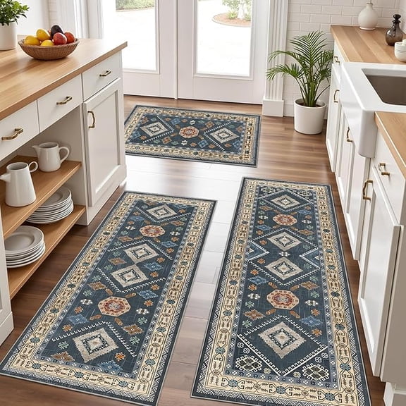 Boho Kitchen Rugs Sets 3 Piece with Runner, Non-Slip Washable Kitchen Mats for Floor, Vintage Faux Wool Area Rug Set with TPR Backing, Farmhouse Kitchen Carpet for Sink, Laundry, Hallway, Home Decor