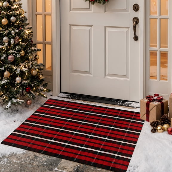 RUG ROBOT Buffalo Plaid Area Rug 2'x3', Washable Christmas Door Mat Indoor Outdoor Entrance Rug, Checkered Layering Rug for Kitchen Home Decor, Reversible Front Porch Rug, Red and Black/White