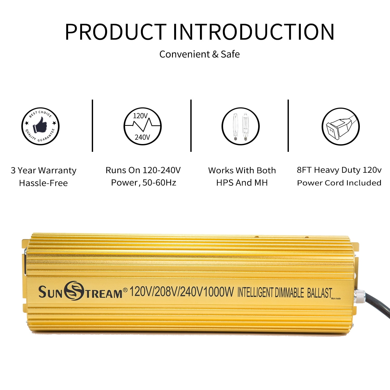 SunStream 1000 Watt Dimmable Digital Electronic Ballast for MH/HPS Grow Lights, 8 FT Power Cord (Lite Version) - Efficient and Reliable Indoor Plant Growth