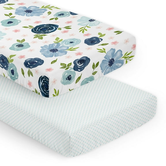 Sweet Jojo Designs Watercolor Floral Blue Pink and Green Fitted Crib Sheets 2 Piece Set