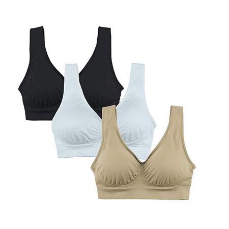 

QiShi Women s 3-Pack Seamless Wireless Sports Bra with Removable Pads（Black White Beige)